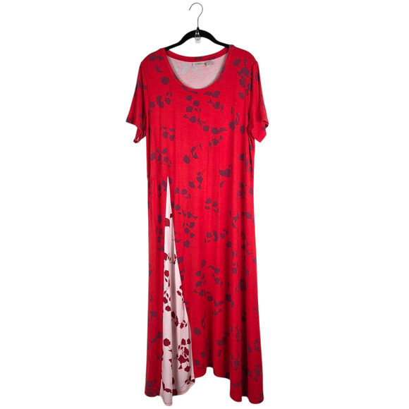 LOGO by Lori Goldstein Cherry Red Floral Short Sleeve Midi Dress White‎ Godet L - Picture 2 of 8
